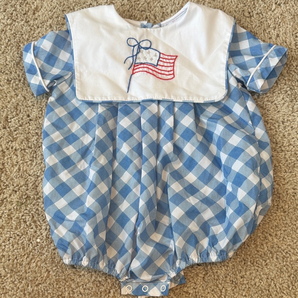 Blue Checkered Baby Romper with Embroidered Flag
